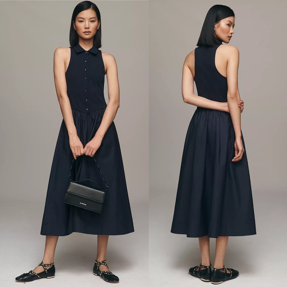Maeve Navy Blue Sleeveless Ribbed Minimalist Collared Drop-Waist Midi Dress - XS